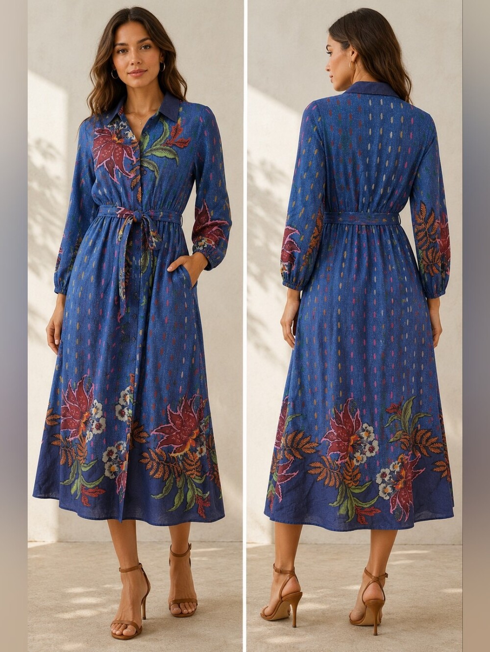Celina Moon Mock Neck Bell Sleeve Denim Floral Maxi Dress Sz XS
